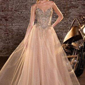 Gold strapless a line formal dress.Mother of the bride black tie pageant gala